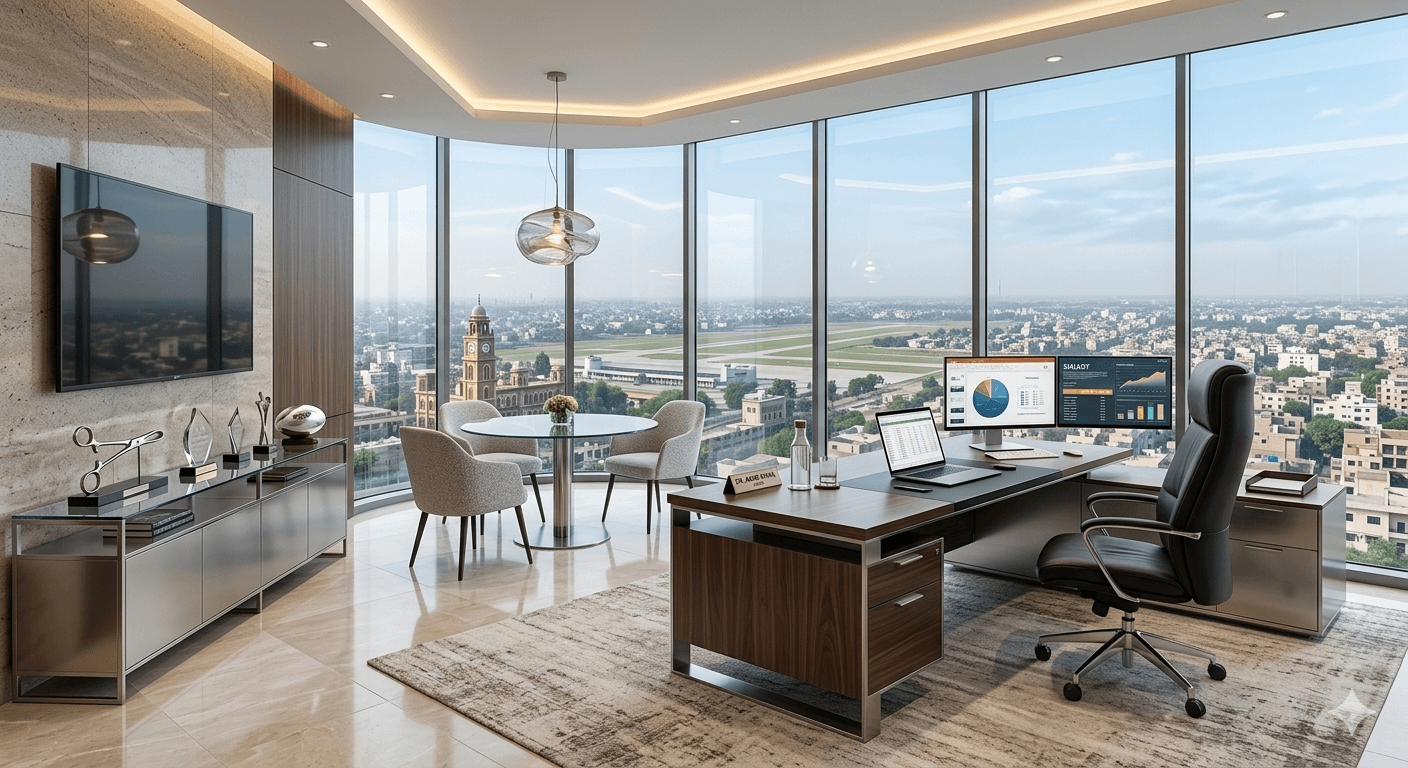 Sky lounge in Sahil Tower Sialkot with floor-to-ceiling windows and luxury seating
